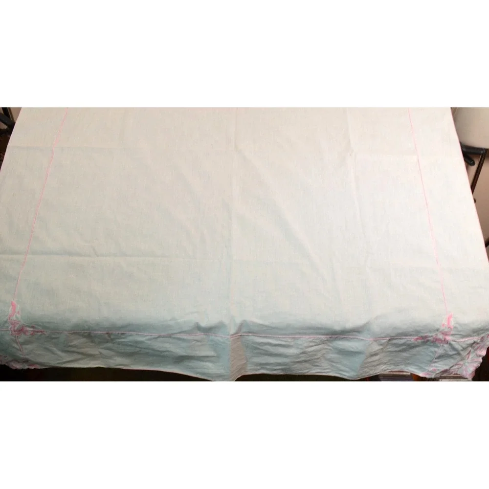 Vintage White Floral Tablecloth with Pink Roses and Line Accents 50x50